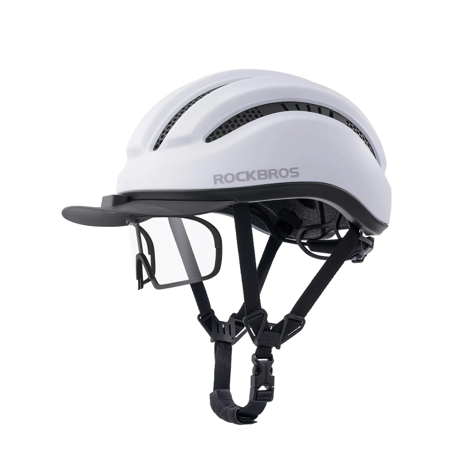 ROCKBROS urban cycling helmet with brim protection 54–60cm for commuter riding.
#color_white