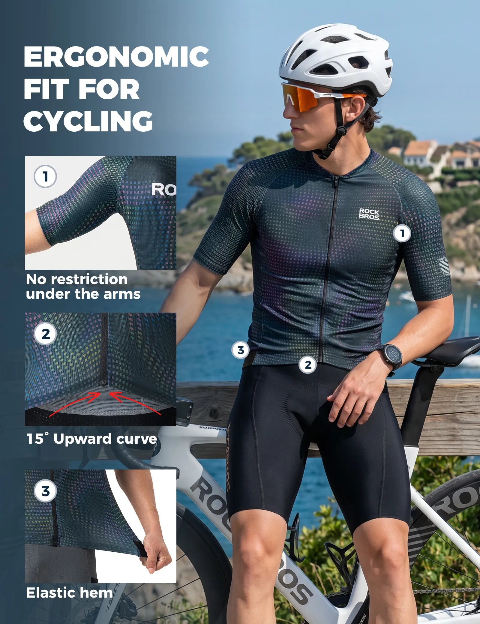 ROCKBROS Men's Velocity Series short sleeve cycling jersey front view in breathable moisture-wicking fabric
