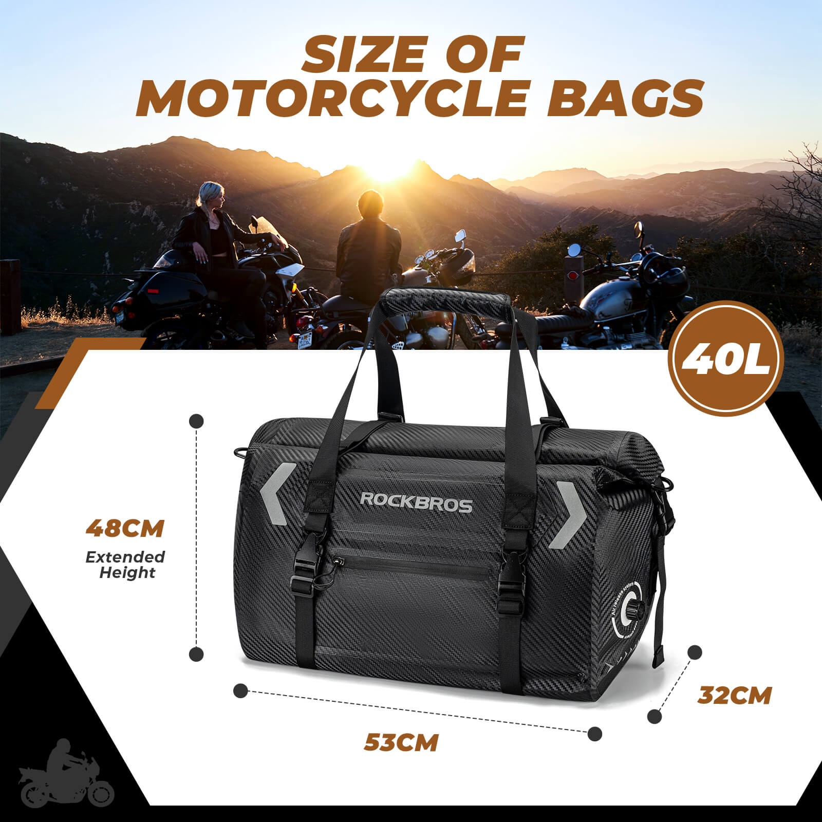 ROCKBROS waterproof motorcycle tail bag for rear seat storage.
#size_40L 53*32*48cm