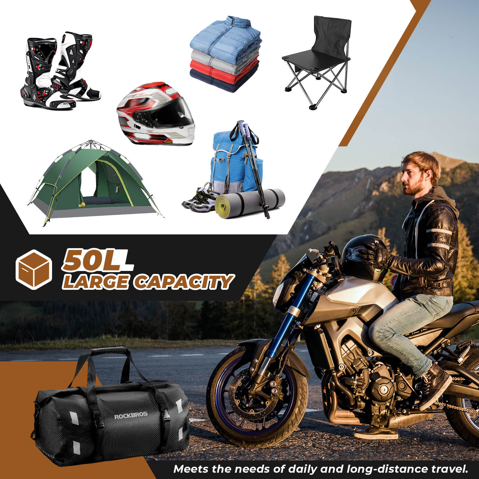 ROCKBROS waterproof motorcycle tail bag for rear seat storage.
#size_50L 66*32*53cm