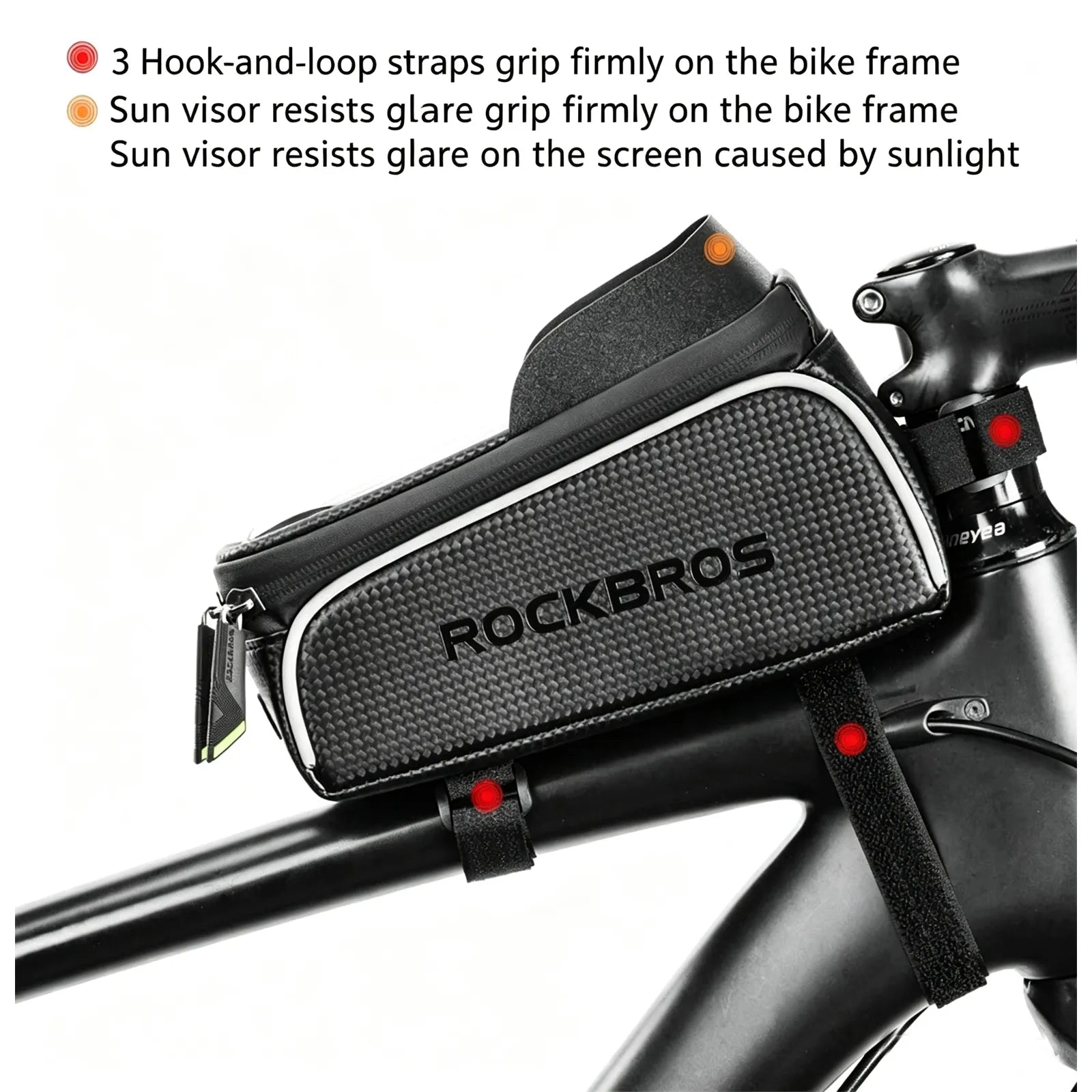 ROCKBROS waterproof bike frame bag in black mounted on top tube, holding a 6.5-inch smartphone.