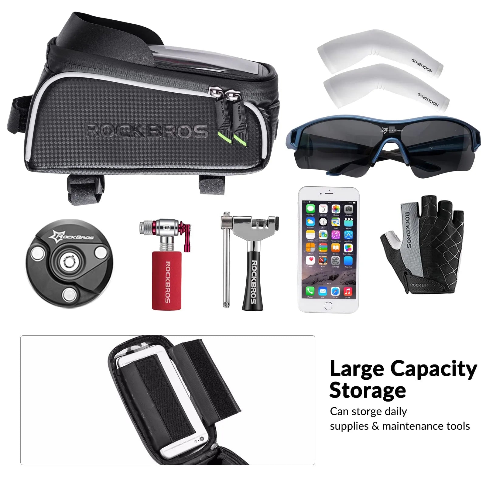 ROCKBROS waterproof bike frame bag in black mounted on top tube, holding a 6.5-inch smartphone.