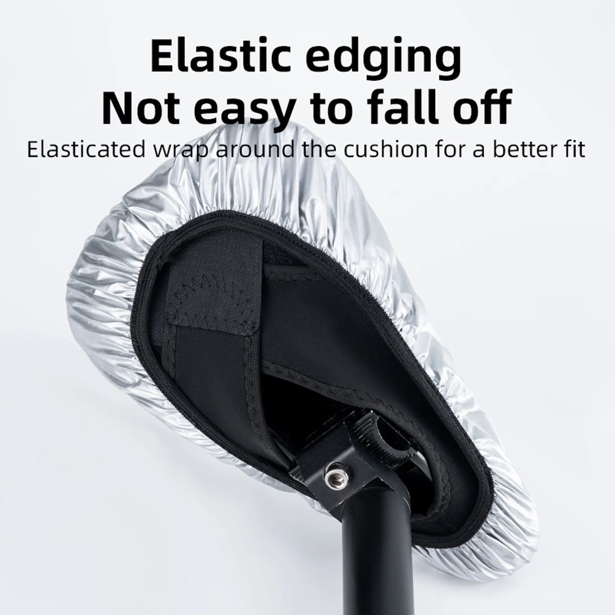 ROCKBROS black waterproof bike saddle cover fully covering a bicycle seat outdoors.