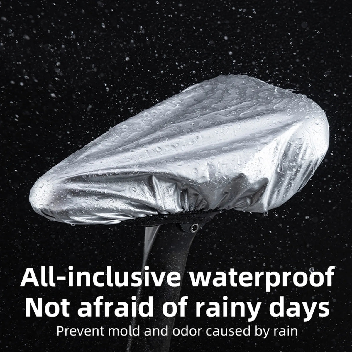 ROCKBROS black waterproof bike saddle cover fully covering a bicycle seat outdoors.