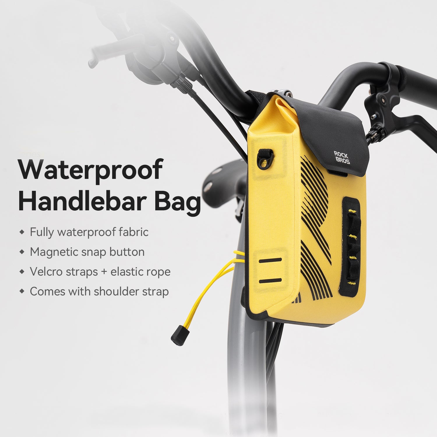 ROCKBROS waterproof magnetic handlebar bag 1.3L in high-vis yellow for bike packing.