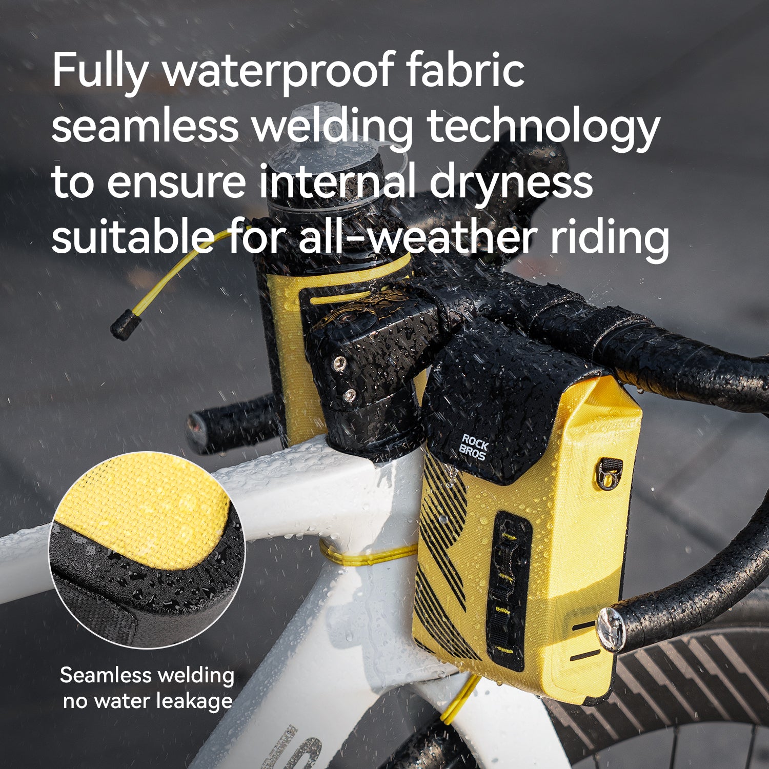 ROCKBROS waterproof magnetic handlebar bag 1.3L in high-vis yellow for bike packing.