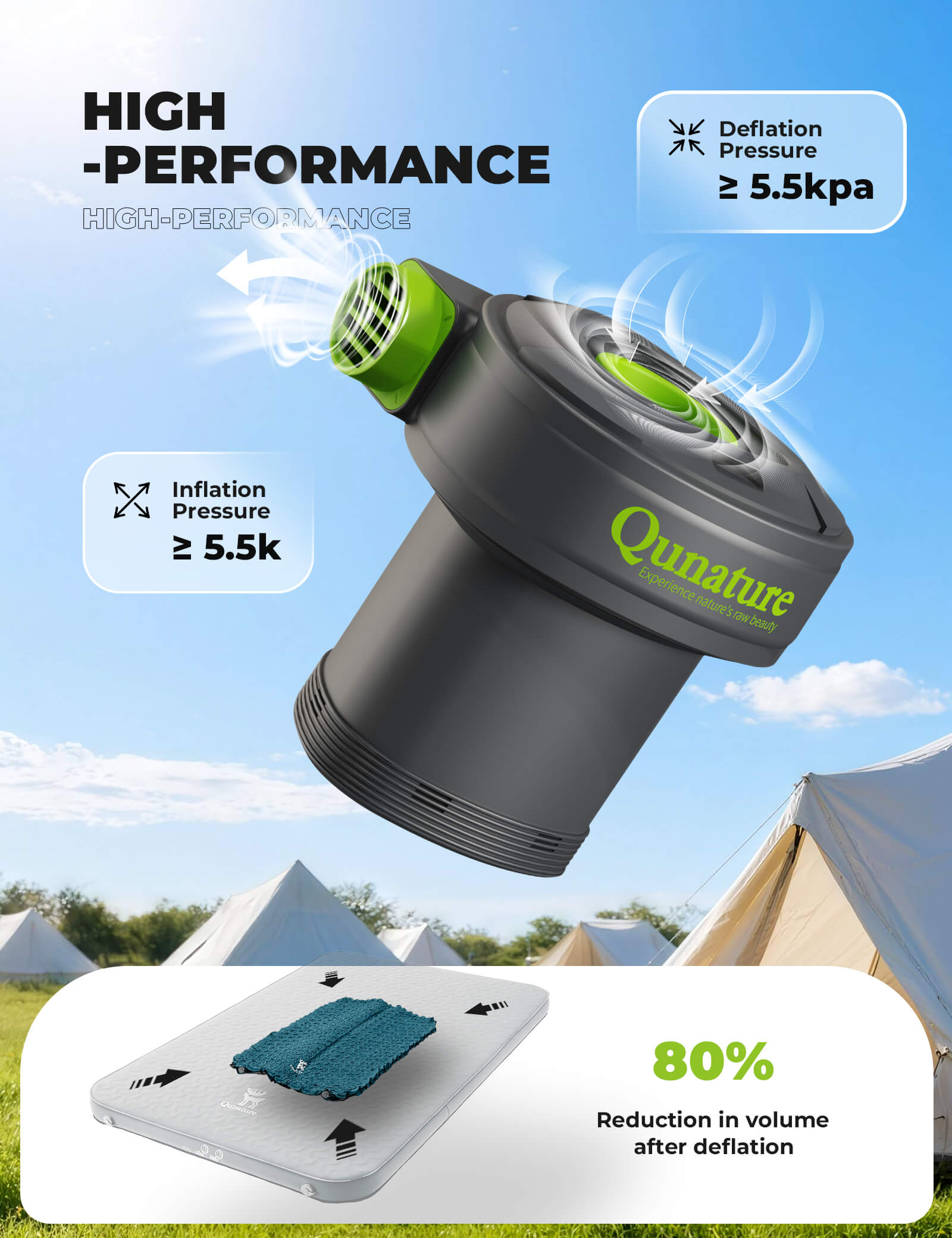 rockbros cordless dual battery electric air pump for outdoor camping and emergency use.