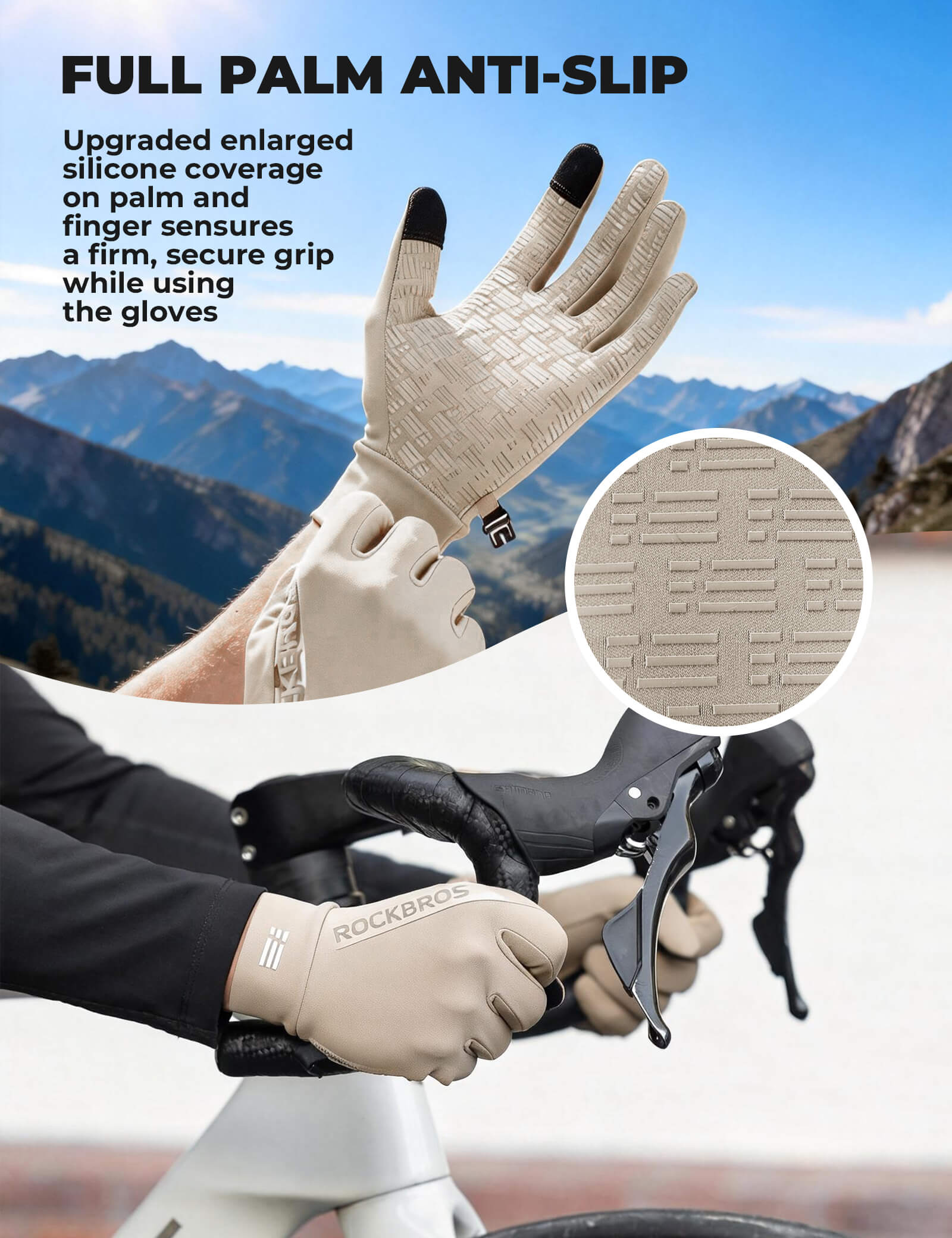 ROCKBROS Winter Cycling Gloves with Graphene Thermal Lining - Windproof Full Finger Design.
#color_beige