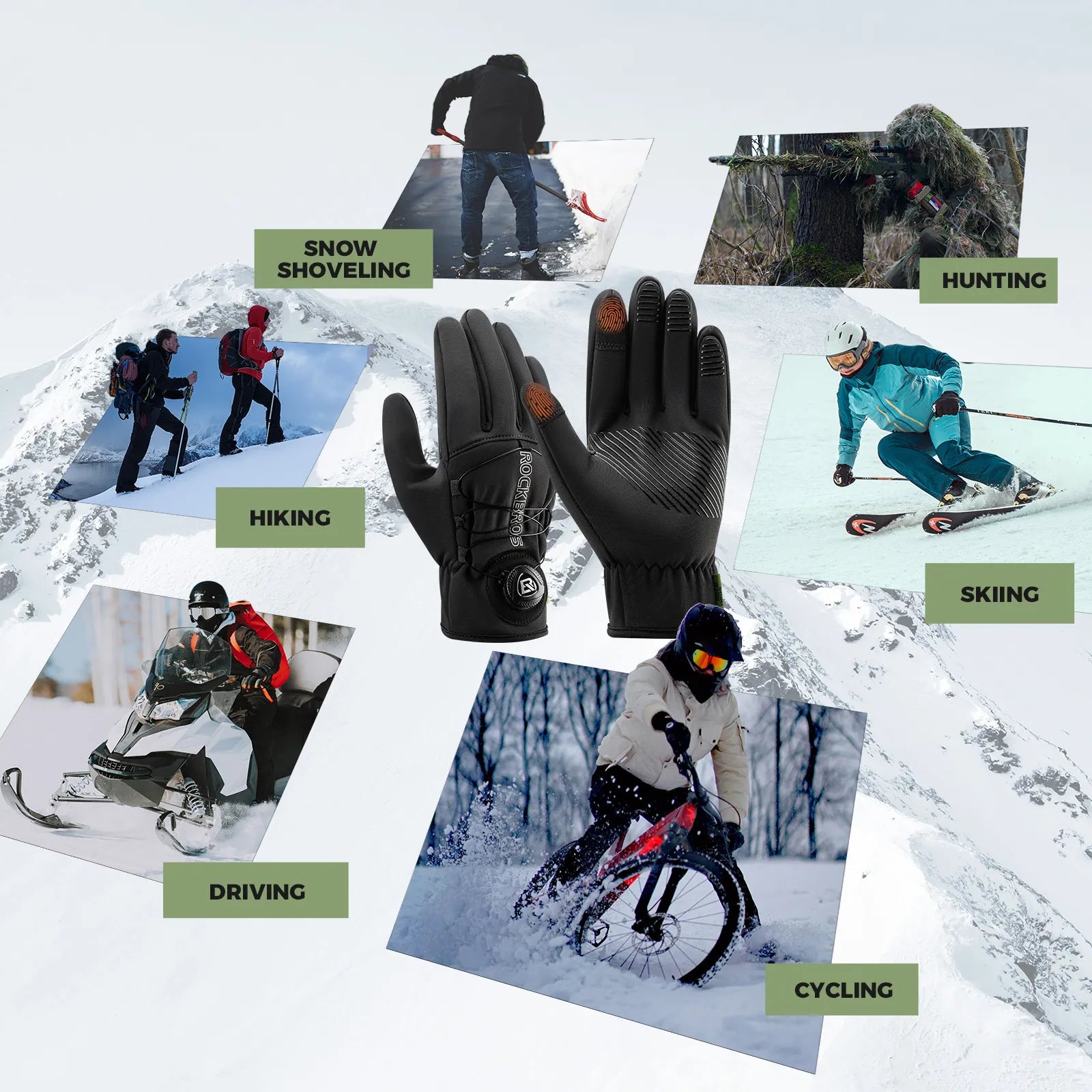 ROCKBROS winter full finger cycling gloves featuring precision dial fit system in black.
