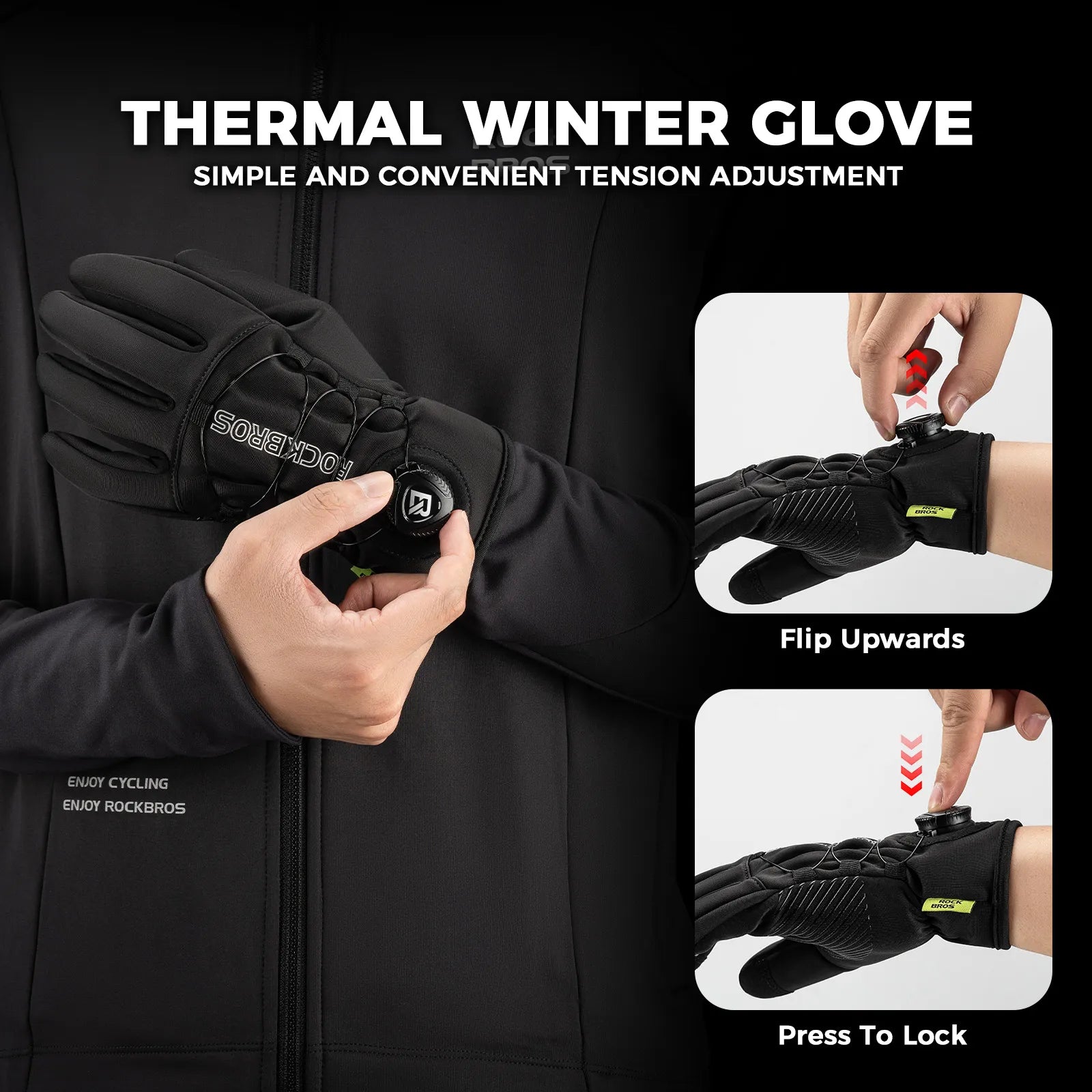 ROCKBROS winter full finger cycling gloves featuring precision dial fit system in black.
