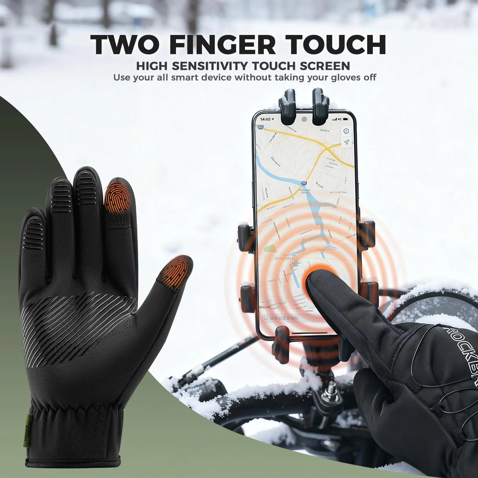 ROCKBROS winter full finger cycling gloves featuring precision dial fit system in black.