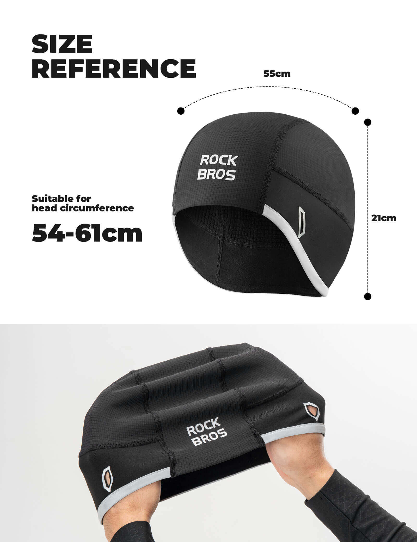 Rockbros winter cycling helmet liner beanie in black, designed for warmth and a snug fit under a bike helmet. Suitable for head circumference 54-61cm.
#options_1-pack