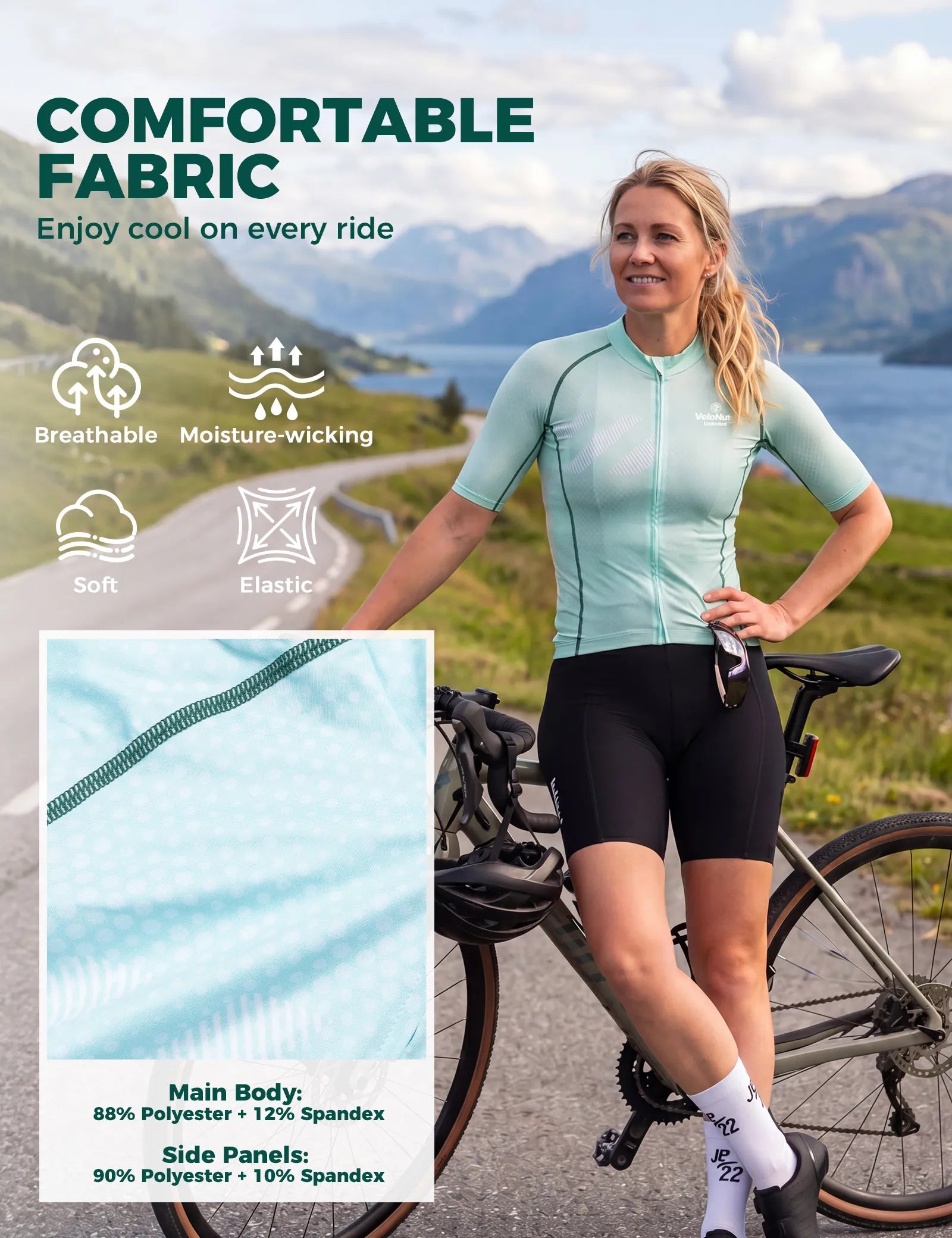 Rockbros Women's Short Sleeve Cycling Jersey in Iguana green pattern - Front view.
#color_pink