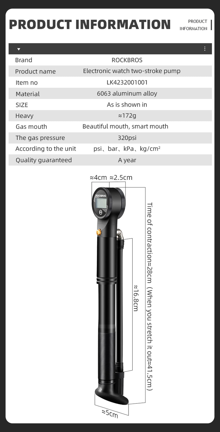 ROCKBROS Bicycle Bike Air Pump With Digital Gauge 320PSI High Pressure Presta/Schrader Valve