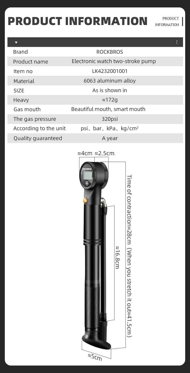 ROCKBROS Bicycle Bike Air Pump With Digital Gauge 320PSI High Pressure Presta/Schrader Valve