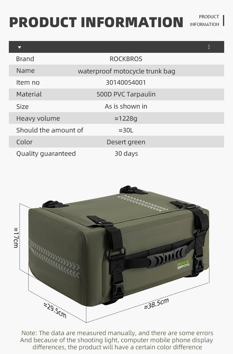 ROCKBROS Motorcycle Seat Bag Luggage Pannier Dry Bag Tail Bag Waterproof 30L Universal MotorBike Bag Army Green