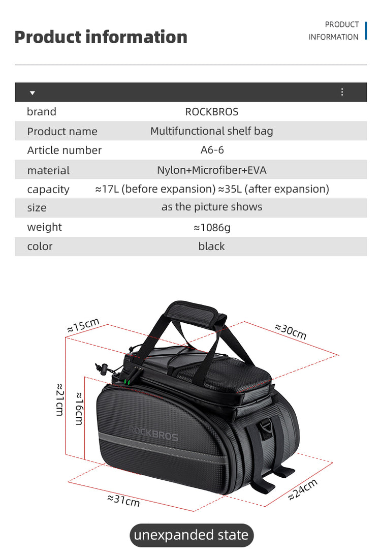 ROCKBROS Deluxe Bicycle Pannier Bike Bag with Extendable Compartments