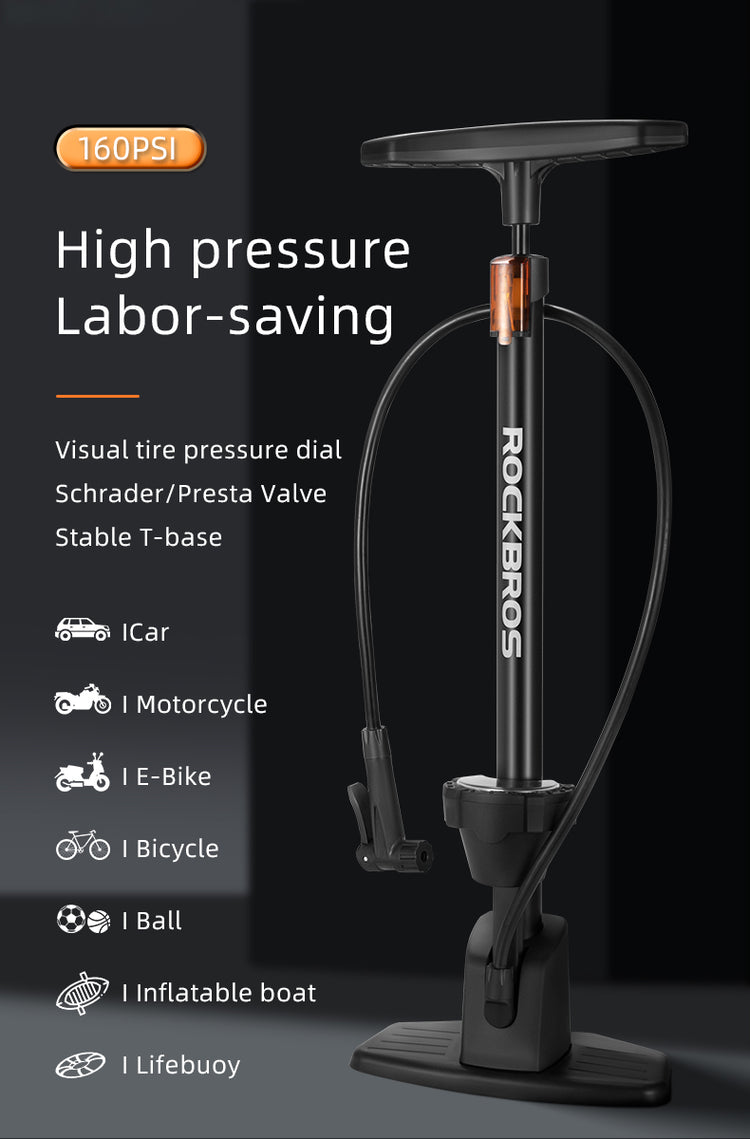 ROCKBROS Bicycle Floor Pump with Gauge 160 PSI High Pressure Tyre Inflator Schrader/Presta Valve For Bike Motorcycle Basketball