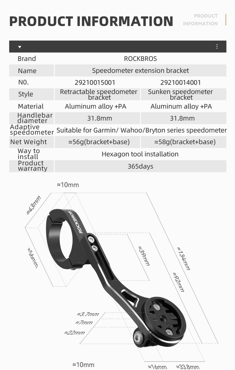 ROCKBROS Bicycle Extension Bracket Cycling Bike Light Speedometer Sports Camera Mount