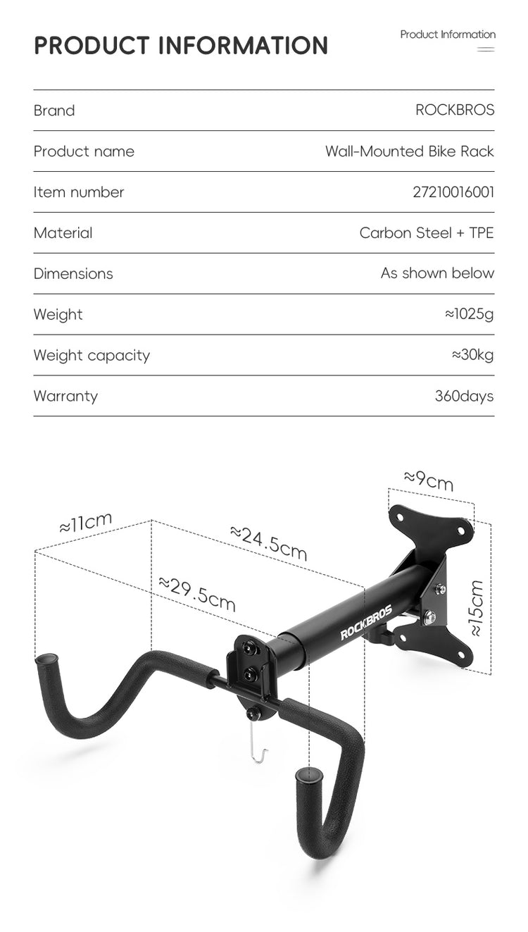 ROCKBROS Bike Stand Wall Mount Parking Rack Bicycle Retractable Storage Hook