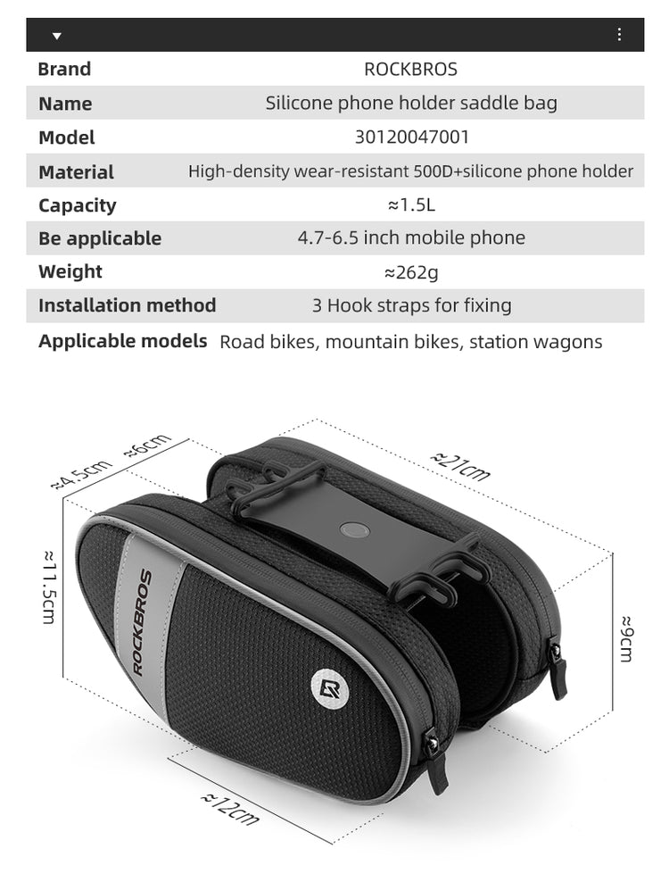 ROCKBROS Bike Front Frame Handlebar Phone Mount Bag Bicycle Top Tube Bag Waterproof Cycling Accessories Bike Pouch with 360° Rotation Phone Holder Fit Smartphone Below 6.7''