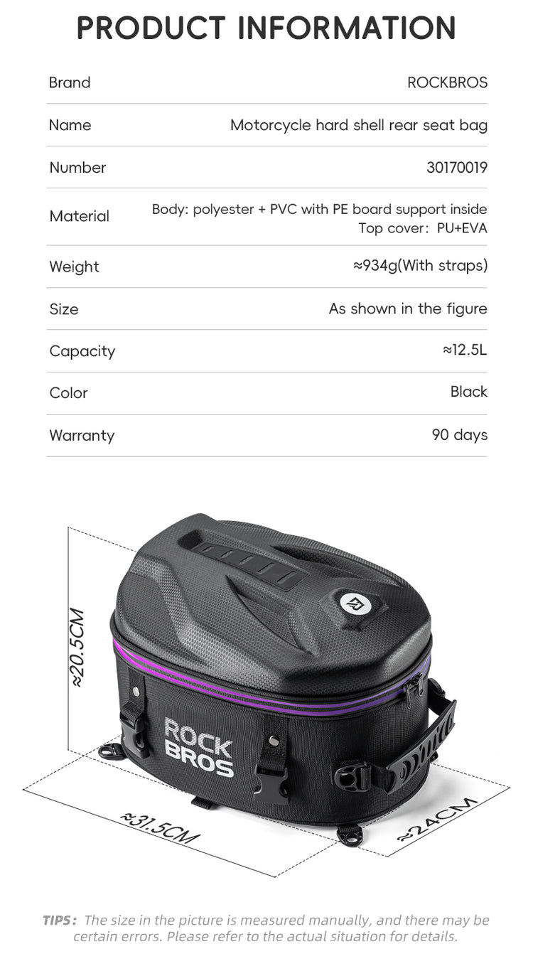 ROCKBROS Motorcycle Motorbike Saddle Seat Tail Bag Backpack Hard Shell 12.5L