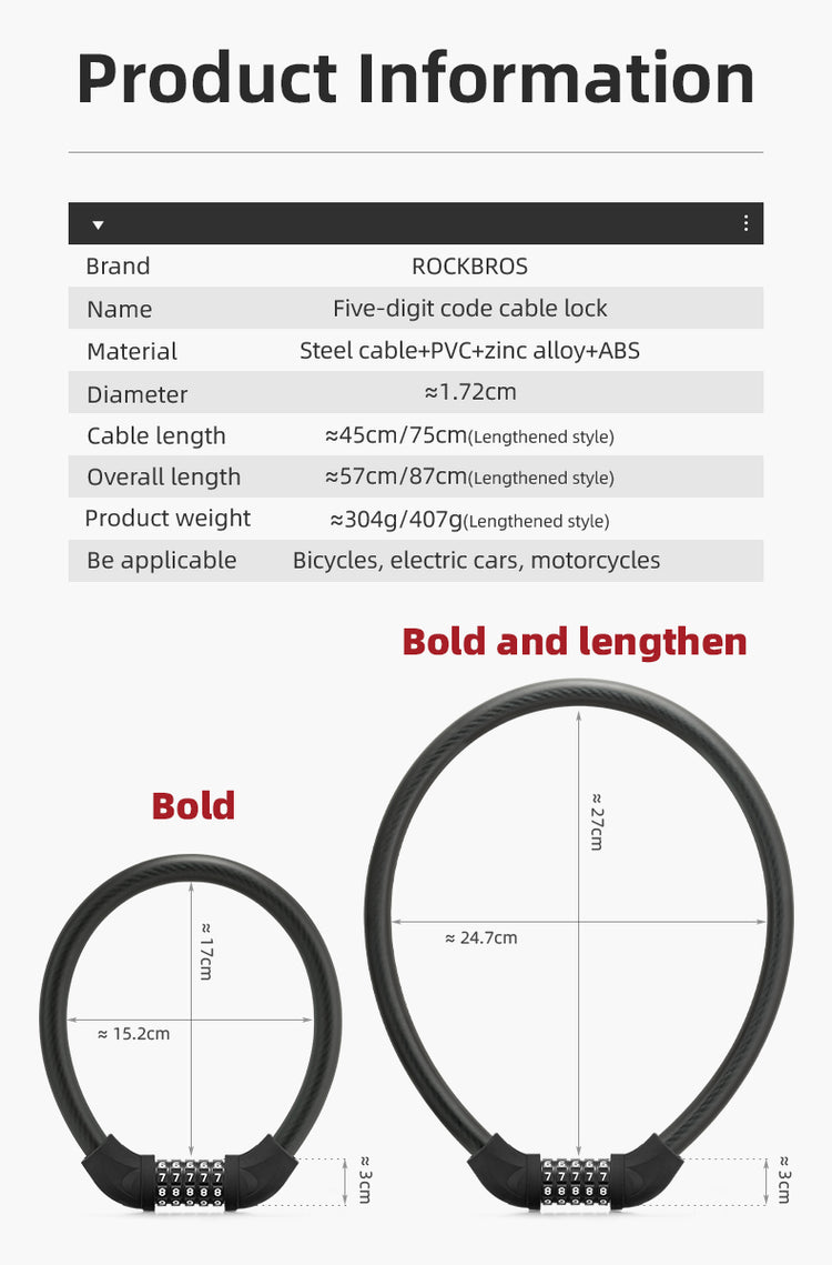 ROCKBROS Bike Lock 5 Digit Cable Lock Lightweight Bicycle Lock Combination Portable Lock