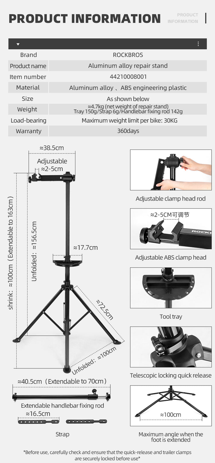 ROCKBROS Foldable Bike Repair Stand With Tool Tray Bicycle Mechanic Work Stand
