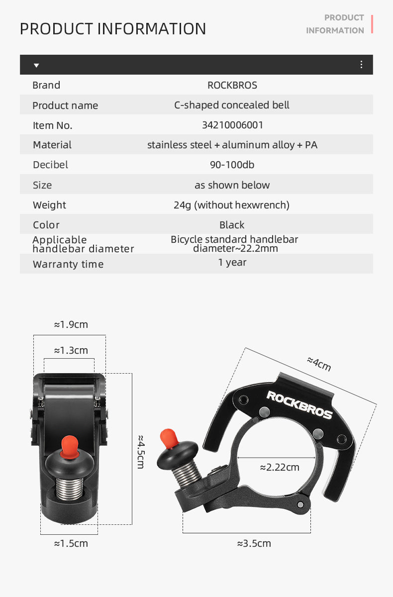 ROCKBROS Bike Bicycle Mini Hidden Bell Loud Sound 100dB Safety Cycling Accessories