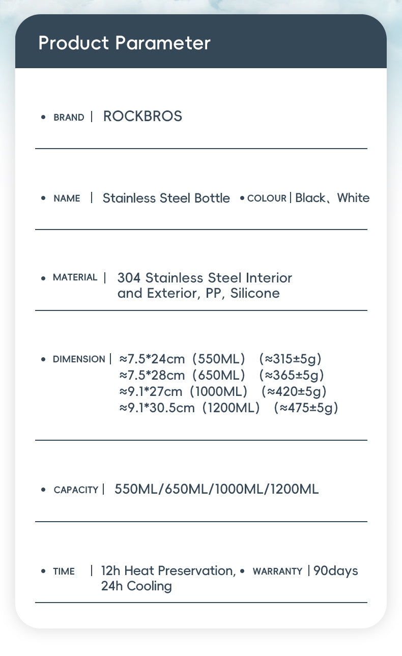 ROCKBROS Bicycle Cycling Insulated Water Bottle Stainless Steel Drink Cup