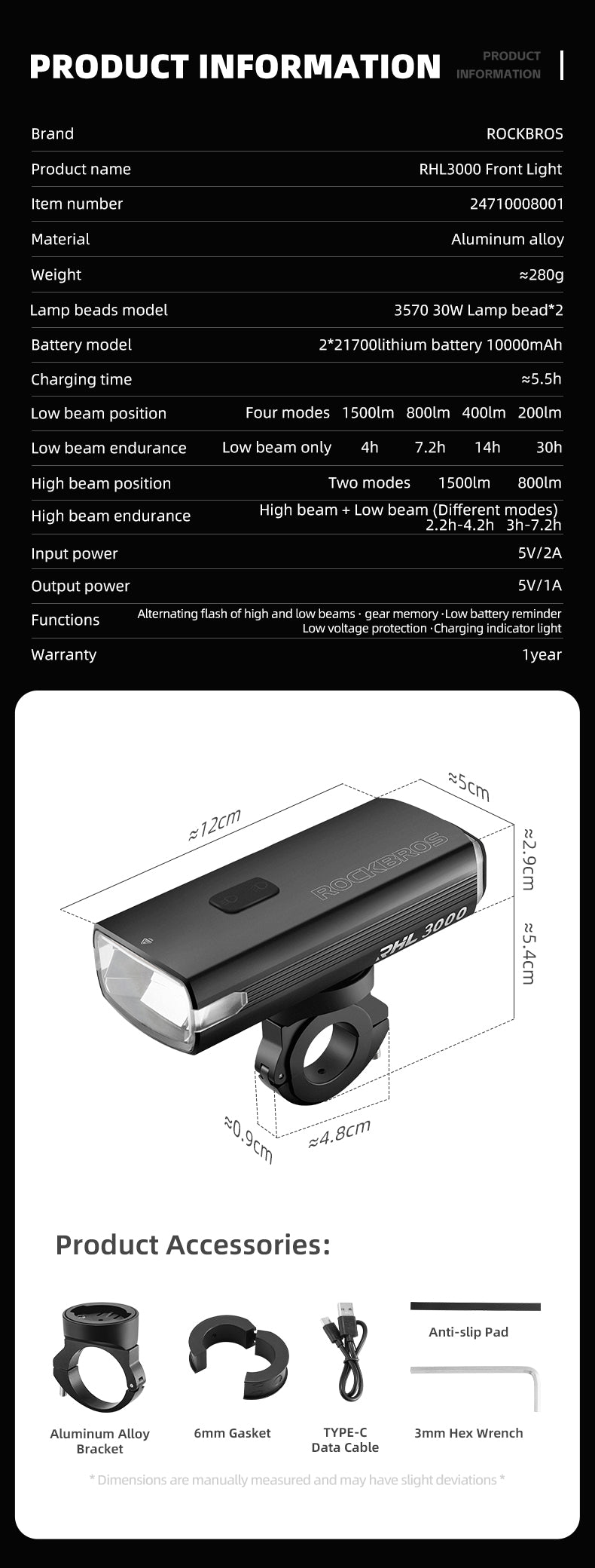ROCKBROS Bicycle Bike Cycling Headlight RHL3000LM