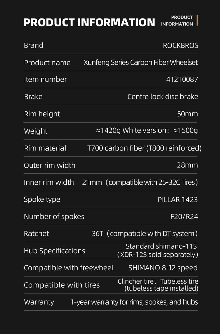 ROCKBROS Road Bike Carbon Fiber Wheelset 50mm Rim Disc Brake 700C Bike Wheels Clincher/Tubeless
