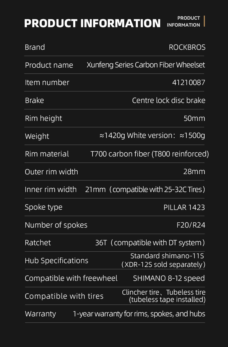 ROCKBROS Road Bike Carbon Fiber Wheelset 50mm Rim Disc Brake 700C Bike Wheels Clincher/Tubeless