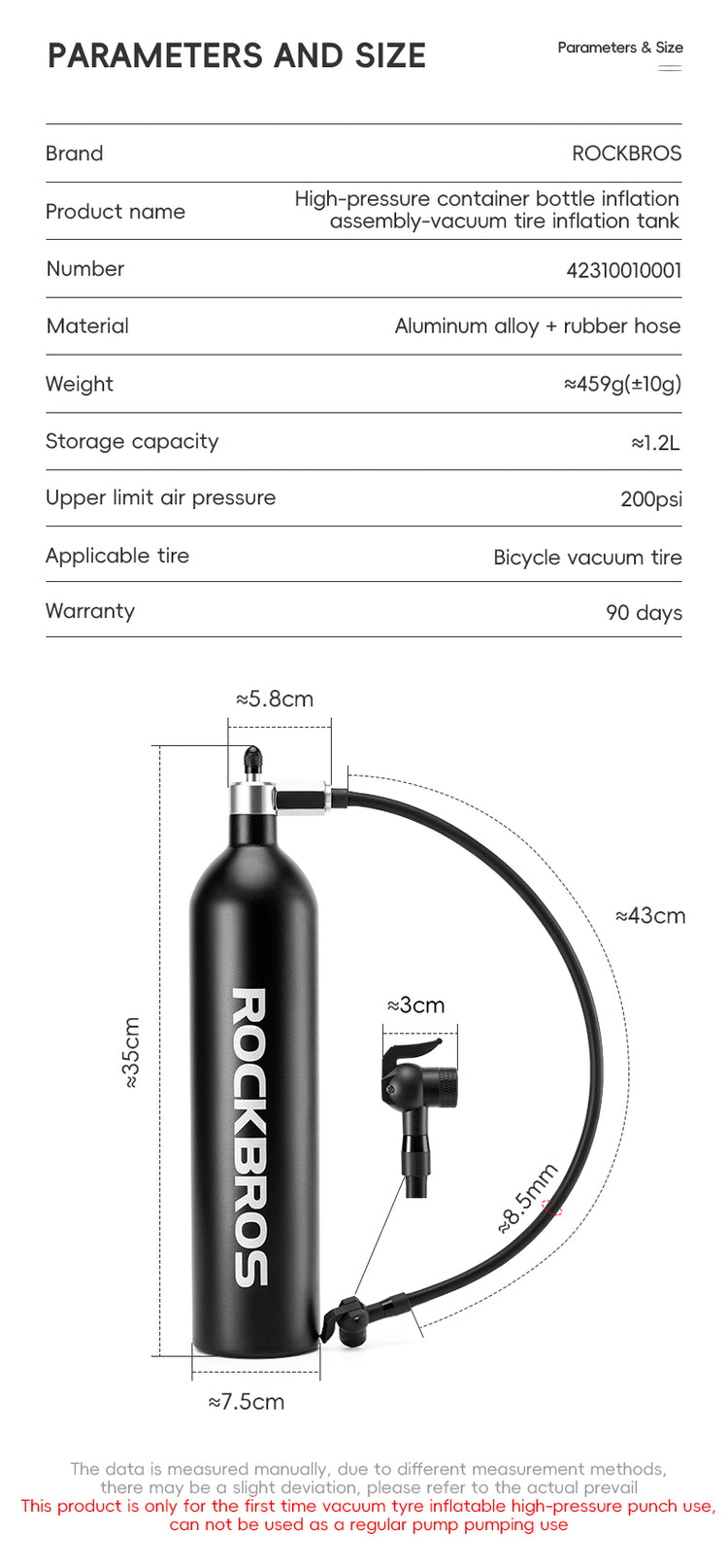 ROCKBROS Bicycle Vacuum Tire Inflation Tank Container 1.2L Recyclable 200PSI Bike Pump Presta Schrader Valve