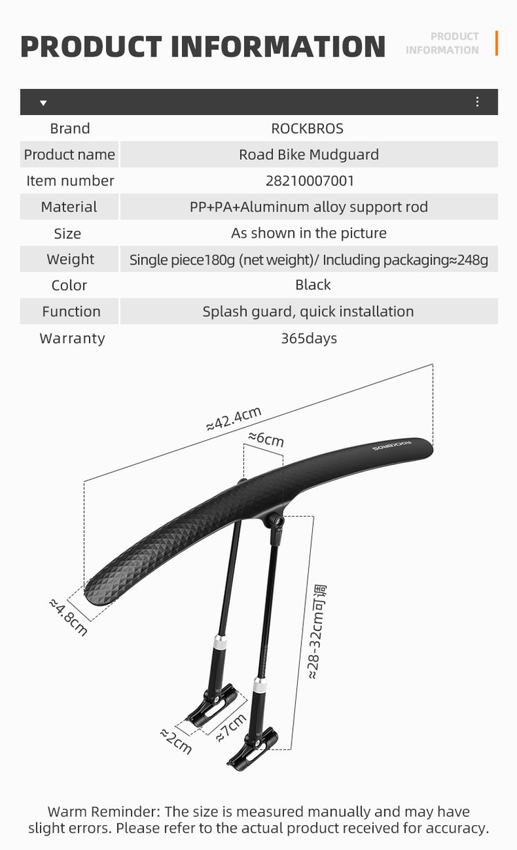 ROCKBROS Road Bike Front Or Rear Fender Quick Release Cycling Bicycle Mudguard Adjustable