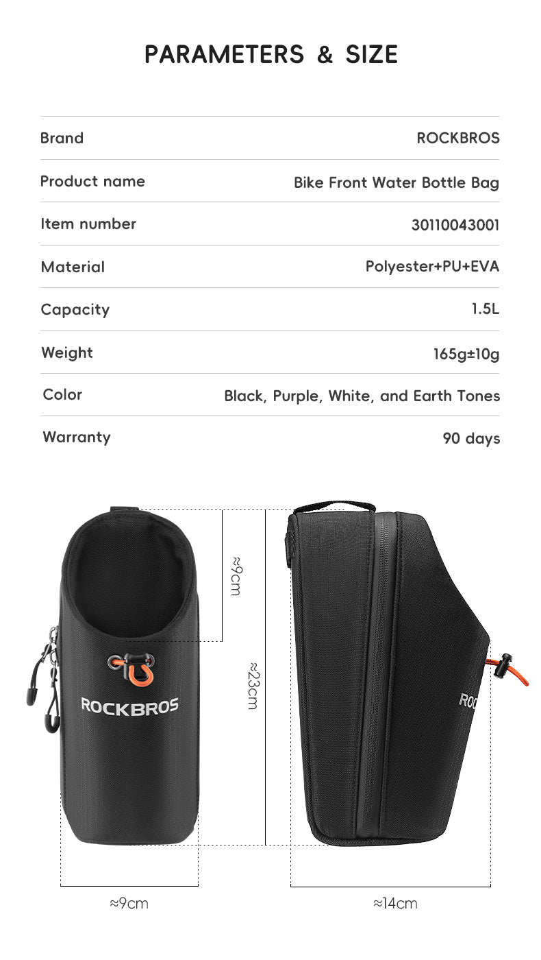 ROCKBROS Bicycle Handlebar Bag 1.5L Water Bottle Bag Folding Bike Front Bag