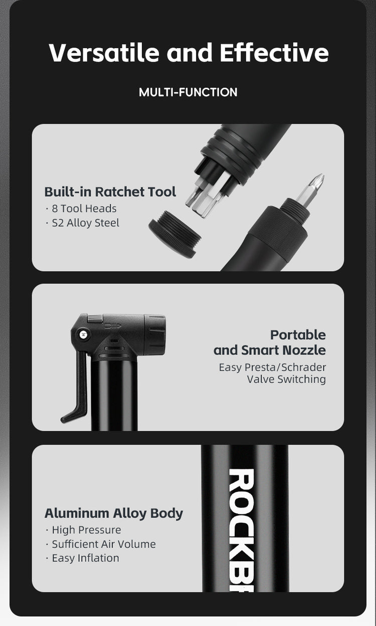 ROCKBROS Bicycle Bike Tire Pump 80PSI With Built-in Ratchet Tools