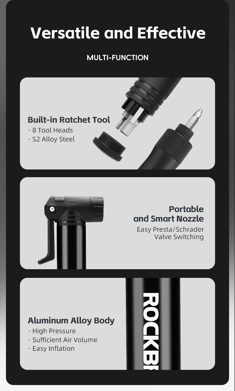 ROCKBROS Bicycle Bike Tire Pump 80PSI With Built-in Ratchet Tools