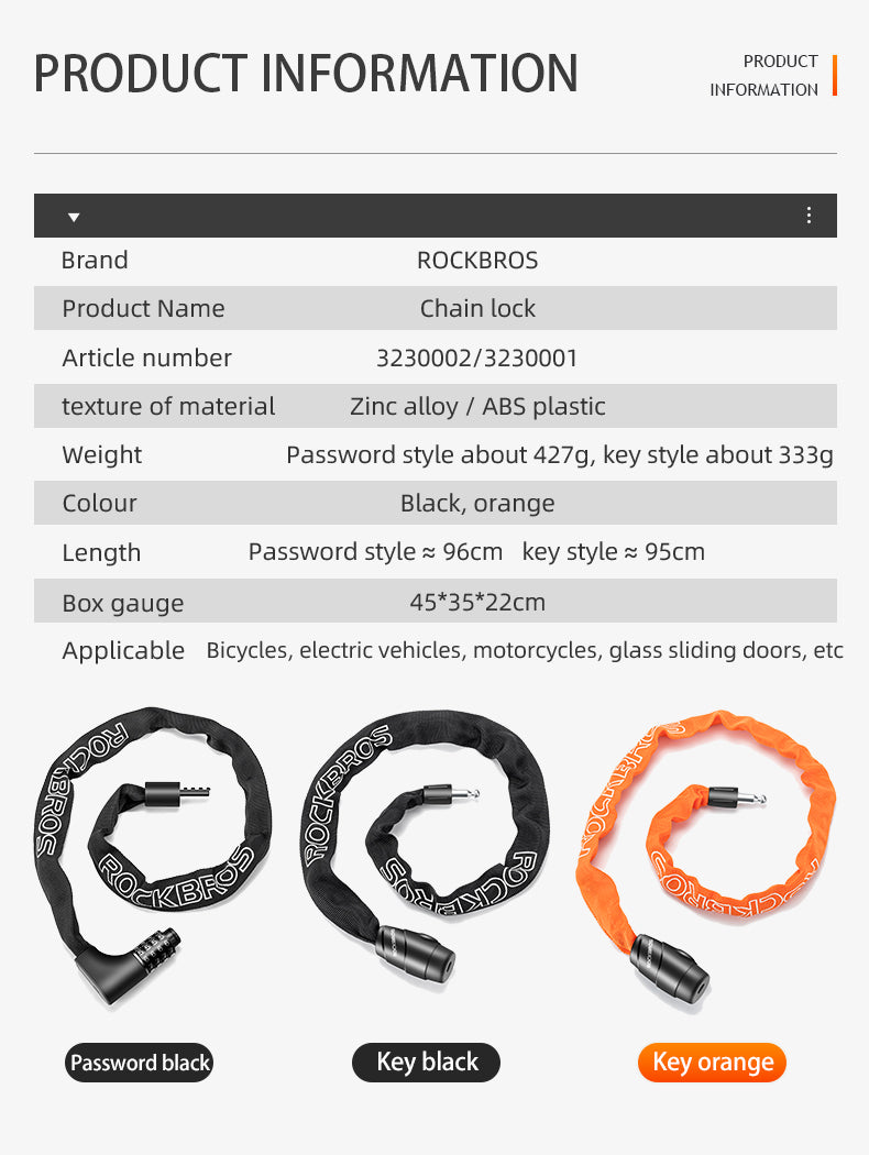 ROCKBROS Bicycle Bike Chain Lock Key Style 95cm