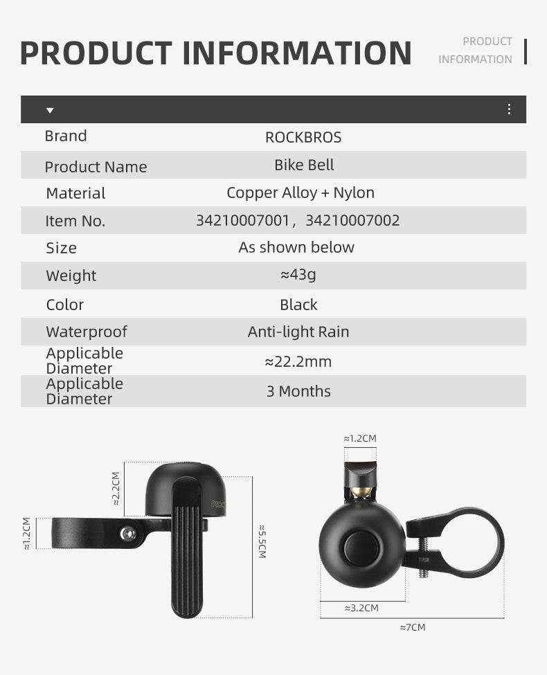 ROCKBROS Bike Bell Copper Alloy Durable Bicycle Bell with Clear&Long Sound Bike Ring Bell