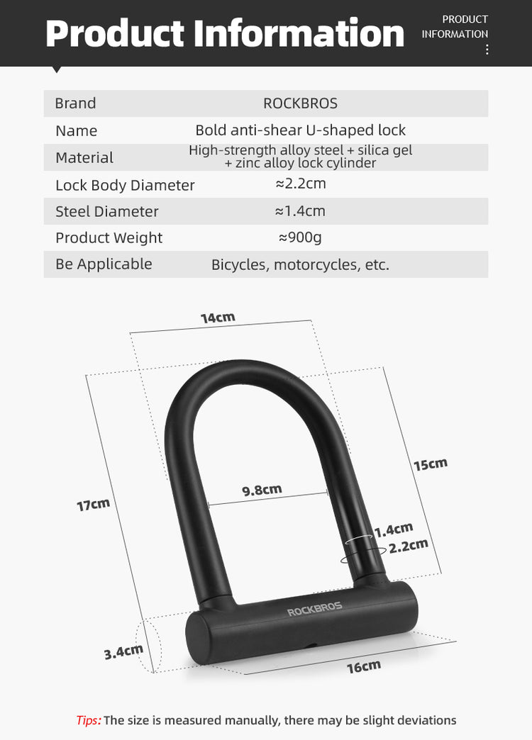 ROCKBROS Cycling Bicycle U Lock Anti-Theft Security Bike Cable Lock 3 Keys