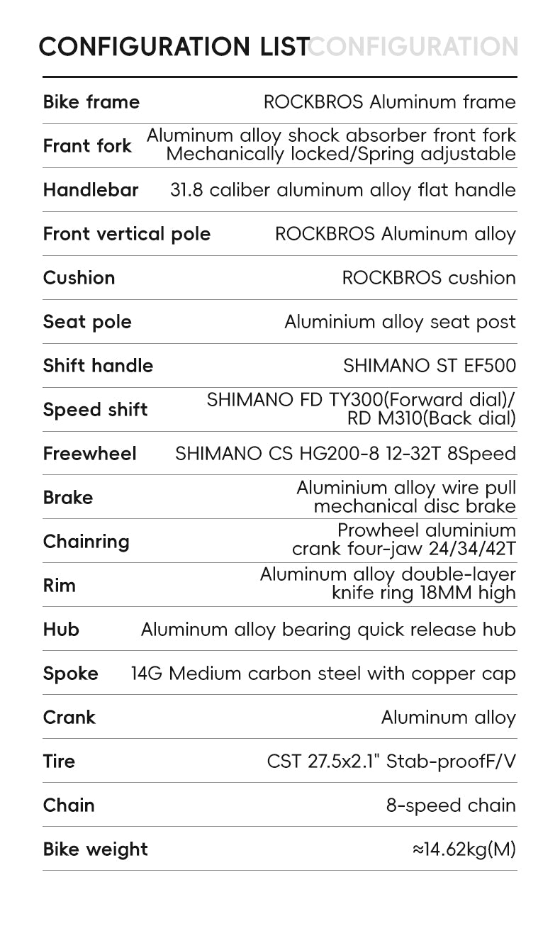 ROCKBROS Mountain Bike 27.5inch Shimano Gears 12-32T 8 Speed Disc Brake-MT200