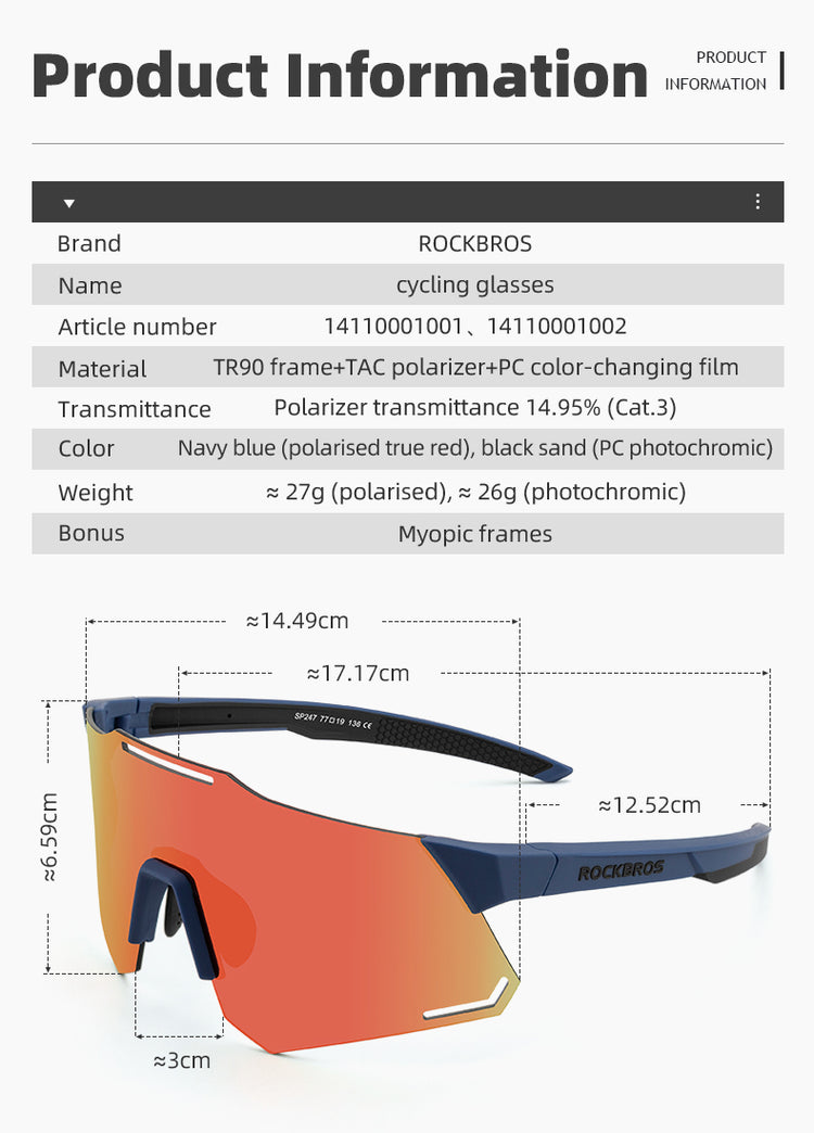 ROCKBROS Bicycle Glasses UV400 Sunglasses Cycling Photochromic Eyewear Clear Lens