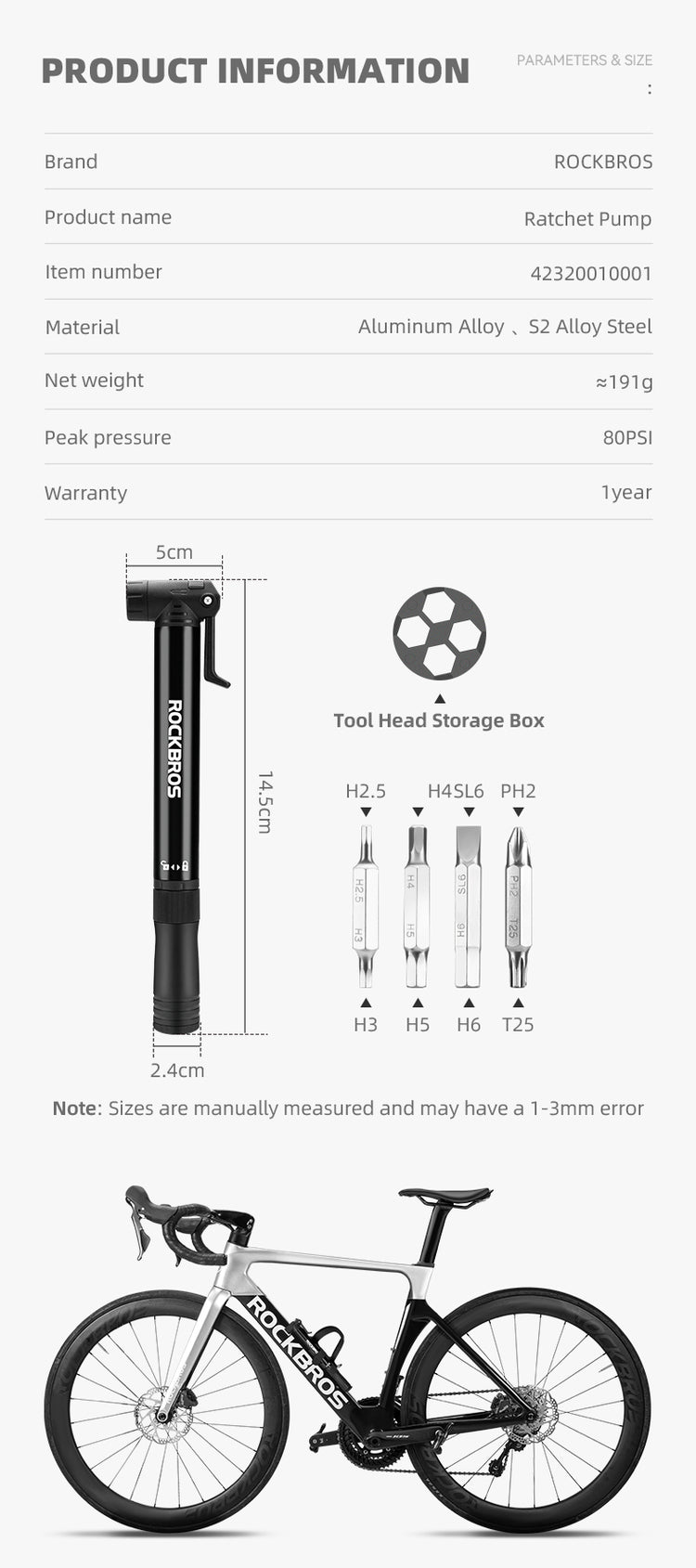 ROCKBROS Bicycle Bike Tire Pump 80PSI With Built-in Ratchet Tools