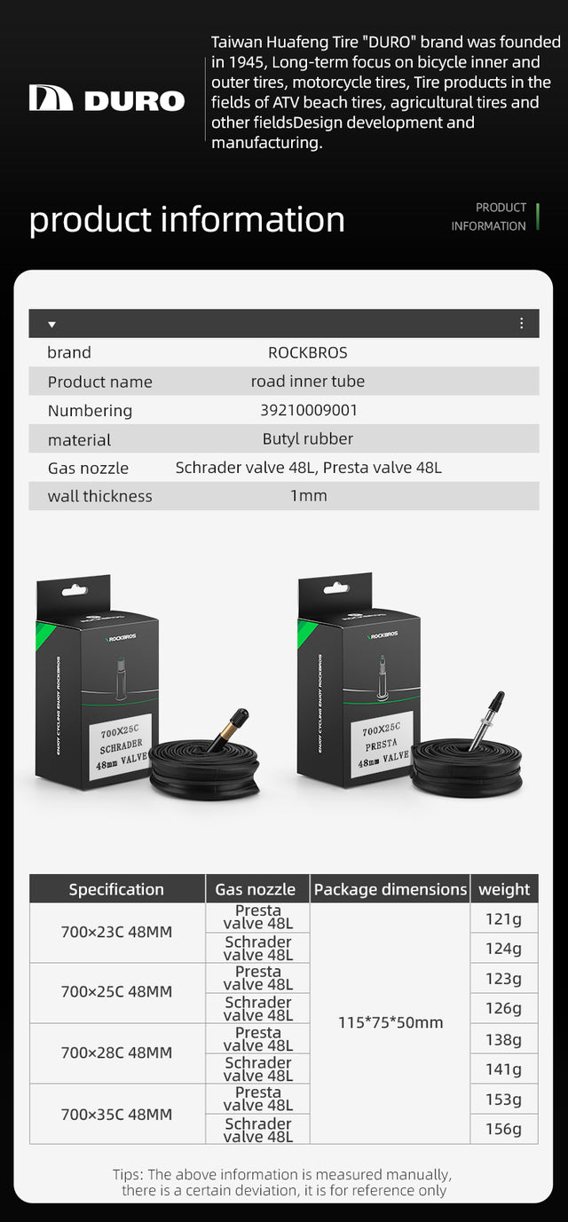 ROCKBROS Bicycle Tyre Tubes MTB Road Bike Inner Tubes 26/27.5in*1.95/2.125 700x23/25C 28/32C