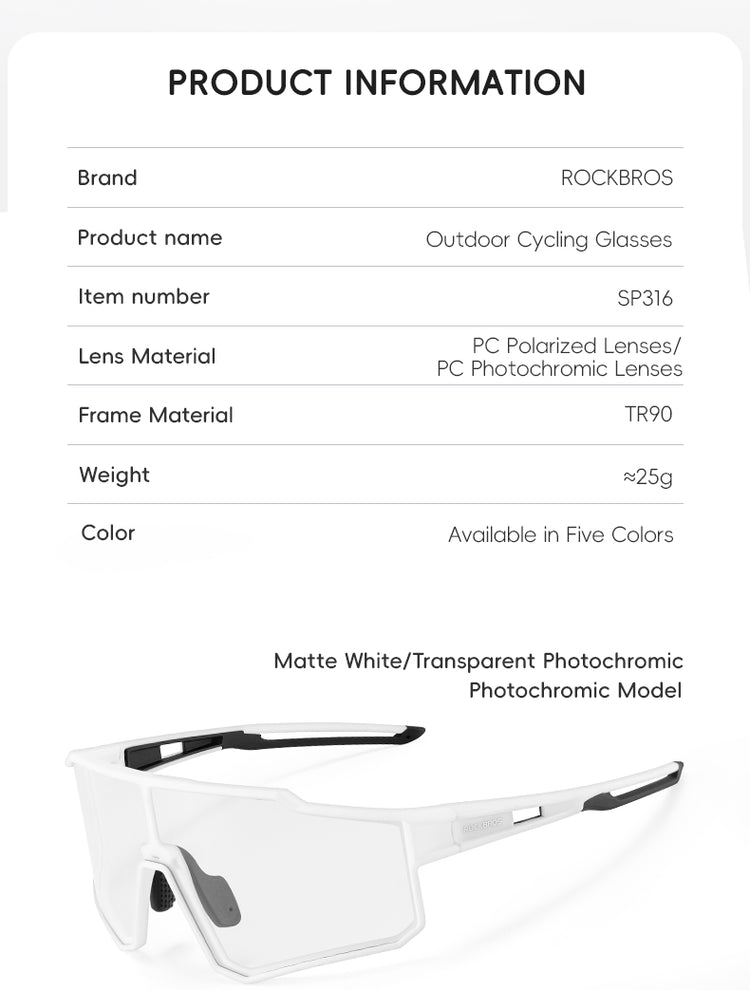 ROCKBROS Cycling Sunglasses Photochromic/Polarised Bicycle Riding Sports Glasses UV400