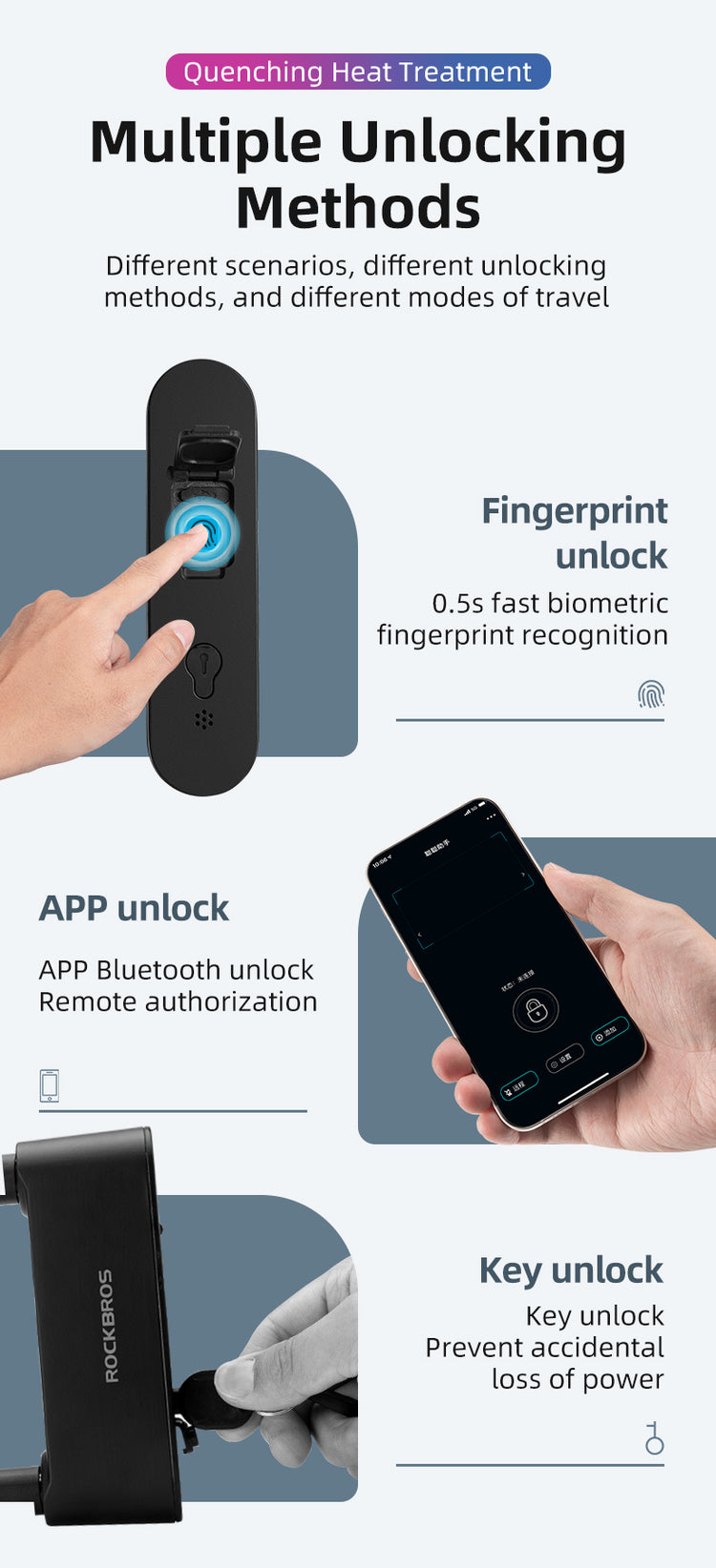 ROCKBROS Bike Lock Smart Fingerprint Key MTB Motor Key USB Repetitive Power Portable