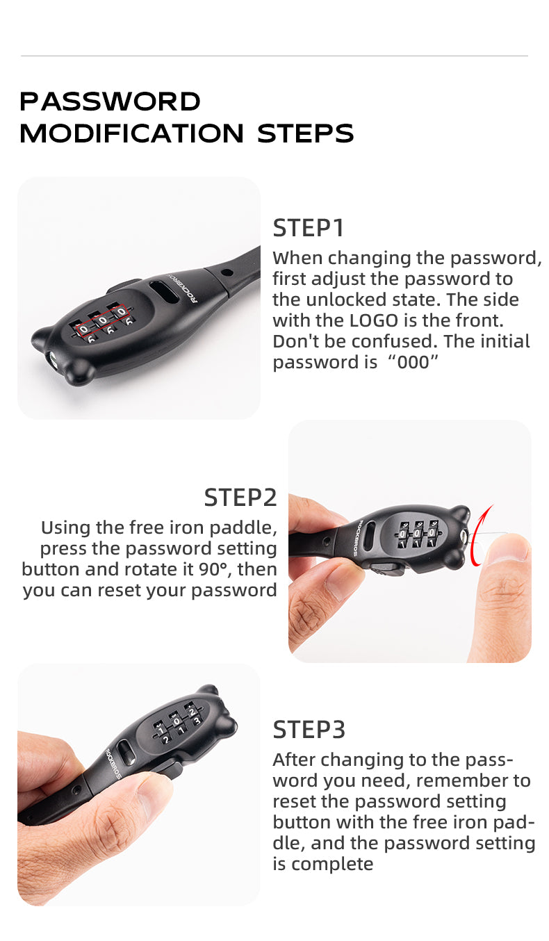 ROCKBROS 3-digit Password Tie Helmet Lock Multipurpose Bicycle Electric Scooter Motorcycle Portable Anti-theft Bike Accessories