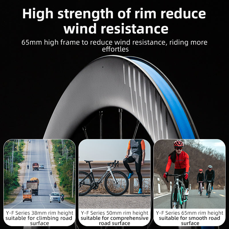 ROCKBROS Road Bike Carbon Fiber Wheels 700C Carbon Fiber Disc Brake 65mm Wheelsets Clincher