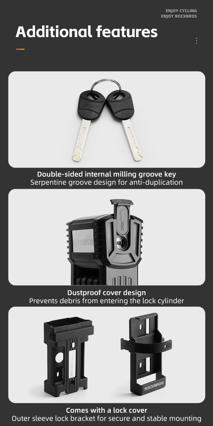ROCKBROS MTB Road Bike Lock Key Folding Lock E-Bike Motorcycle Steel Lock Portable Antirust Anti-theft